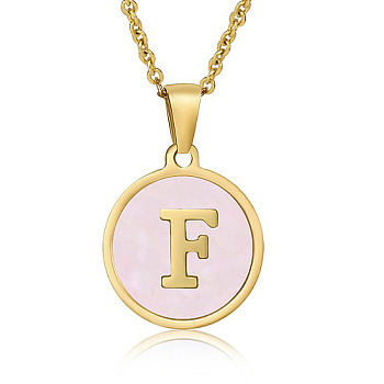 Natural Shell Initial Letter Pendant Necklace, with Golden Stainless Steel Cable Chains, Letter F, 17.72 inch(45cm)
