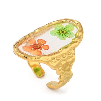 Oval Epoxy Resin with Dry Flower Cuff Rings, Ion Plating(IP) 316 Surgical Stainless Steel Finger Ring, Real 18K Gold Plated, US Size 7 1/4(17.5mm)