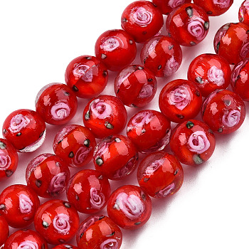 Handmade Lampwork Beads Strands, Round with Flower, Red, 9.5mm, Hole: 1.5mm, about 50pcs/strand, 18.90 inch(48cm)