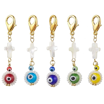 Lampwork & Glass Seed Bead Pendant Decorations, with Shell Cross, Cross wiht Evil Eye, Mixed Color, 55mm