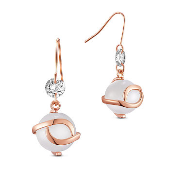 SHEGRACE Brass Dangle Earrings, with Cubic Zirconia and Cat Eye, Round, Rose Gold, 30mm