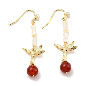 Natural Red Agate & Pearl & Shell Dangle Earrings, with Brass Findingds for Women, Round, Real 14K Gold Plated, 55x18mm