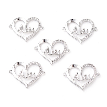 Brass Micro Pave Clear Cubic Zirconia Links, Long-Lasting Plated, Heart with Word Abu, Platinum, 19x23x3mm, Hole: 1.2mm
