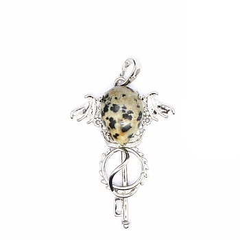Natural Dalmatian Jasper Teardrop Pendants, Platinum Tone Brass Key Scepter Wing Charms, 45x35x9mm
