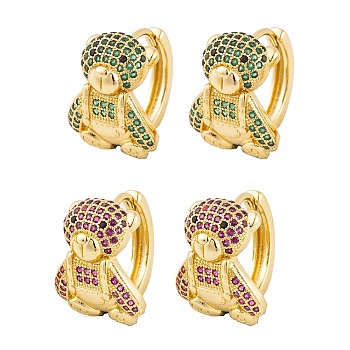 Brass Micro Pave Cubic Zirconia Earrings, Bear Hoop Earrings for Women, Real 18K Gold Plated, Mixed Color, 19x15mm