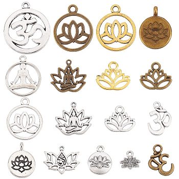 68Pcs 17 Style Tibetan Style Alloy Charms, Yoga, Lead Free & Cadmium Free, Lotus, Mixed Color, 14~24x12~20x1~3mm, Hole: 1~3mm, 4pcs/style