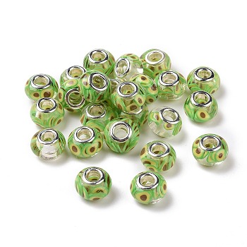 Transparent Resin European Rondelle Beads, Large Hole Beads, with Avocado Polymer Clay and Platinum Tone Alloy Double Cores, Yellow Green, 14x8.5mm, Hole: 5mm
