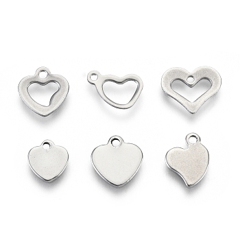 201 Stainless Steel Charms, Laser Cut, Heart, Stainless Steel Color, 7~10.5x7.5~11x0.8mm, Hole: 1.2~1.4mm, 6 patterns, 1 pattern/200pcs
