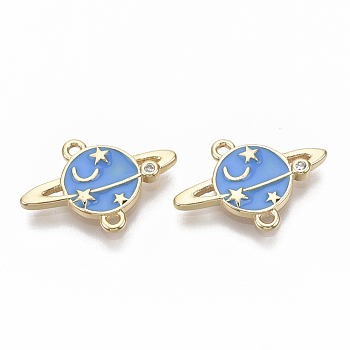Brass Micro Pave Clear Cubic Zirconia Pendants, with  Enamel, Nickel Free, Planet, Universe Space Charms, Real 18K Gold Plated, Dodger Blue, 14x19.5x2mm, Hole: 1.2mm