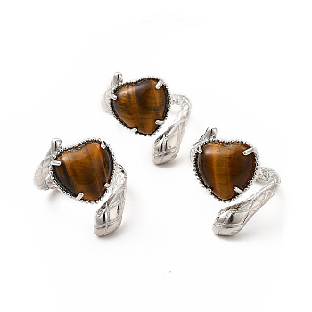Natural Tiger Eye Heart with Snake Open Cuff Ring, Platinum Brass Jewelry for Women, US Size 8 1/2(18.5mm)