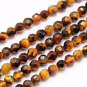 Natural Tiger Eye Beads Strands, Faceted, Round, Dark Goldenrod, 4mm, Hole: 1mm, about 90pcs/strand, 15.35 inch