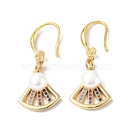 Colorful Cubic Zirconia Fan Dangle Earrings with Natural Pearl Beaded, Rack Plating Brass for Women, Golden, 30mm, Pin: 0.8mm(EJEW-B017-12G)