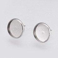 202 Stainless Steel Stud Earring Settings, with 304 Stainless Steel Pin, Flat Round, Stainless Steel Color, Tray: 12mm, 14x2mm, Pin: 0.8mm(STAS-I088-E-02P)