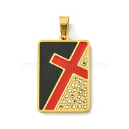 Ion Plating(IP) 304 Stainless Steel Pendants, with Enamel and Rhinestone, Real 18K Gold Plated, Rectangle with Cross Charm, Black, 30x19.5x2mm, Hole: 7x4mm(STAS-C101-03G)