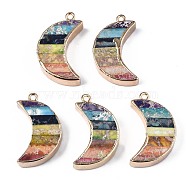 Rainbow Color Natural Imperial Jasper Pendants, with Golden Iron Loop and Edge, Dyed, Moon, 29~30x17x6~7mm, Hole: 1.6mm(G-S359-330)