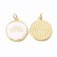 Rack Plating Brass Pendants with Jump Ring, with Enamel, Long-Lasting Plated, Cadmium Free & Lead Free, Flat Round with Rainbow, White, 18x15x2mm, Hole: 3mm(X-KK-F852-24G)