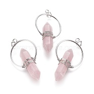 Natural Rose Quartz Wire Wrapped Pointed Big Pendants, Double Terminated Pointed, with Brass Findings, Bullet, Platinum, 53~55x30~32x11.5mm, Hole: 7.5x4mm(G-L520-I01-P)