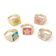 Adjustable Brass Micro Pave Clear Cubic Zirconia Finger Rings, with Enamel, Rectangle with Star, Real 18K Gold Plated, Mixed Color, US Size 7 1/4(17.5mm)(RJEW-Z006-D)