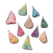 Eletroplated Natural Druzy Agate Pendants, Brass Triangle Charms, Platinum, Mixed Color, 27~43x14.5~25x11mm(G-C143-02)