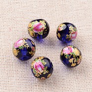 Flower Picture Printed Glass Round Beads, Dark Blue, 10mm, Hole: 1mm(GLAA-J087-10mm-A06)