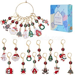 24Pcs 12 Style Christmas Theme Alloy Enamel Pendant Locking Stitch Markers, 304 Stainless Steel Stitch Marker with Glass Beads, Mixed Shapes, Mixed Color, 5.1~6cm, 2pcs/style(HJEW-SC00006)