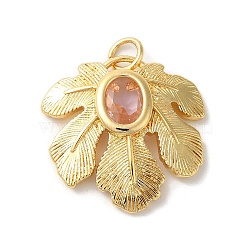 Leaf Rack Plating Brass Pendants, with Glass, Long-Lasting Plated, Lead Free & Cadmium Free, with Jump Ring, Golden, Pearl Pink, 22x22.5x3.5mm, Hole: 3mm(KK-U022-08C-01)