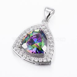 Trendy Brass Micro Pave Cubic Zirconia Pendants, Faceted, Triangle, Platinum, Colorful, 23x16x6.5mm, Hole: 5x3.5mm(ZIRC-H030-01A)