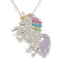 Alloy Pendant Necklaces, with Rhinestone and Iron Chains, Unicorn, Platinum, Colorful, 15-3/4 inch(40cm)(X-NJEW-S416-01A)