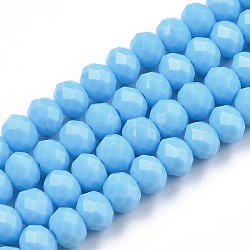 Opaque Solid Color Glass Beads Strands, Faceted, Rondelle, Deep Sky Blue, 6x5mm, Hole: 1mm, about 85~88pcs/strand, 16.1~16.5 inch(41~42cm)(EGLA-A034-P6mm-D23)