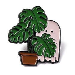 Green Plant Pot Enamel Pins, Halloween Zinc Alloy Brooch, Ghost, 36x31mm(JEWB-C035-01B-EB)