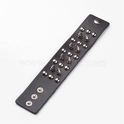 Punk Rock Style Cowhide Leather Rivet Bracelets, with Alloy & Iron Findings, Black, 230x41x2mm(9inchesx1-5/8inches)(BJEW-D438-05)