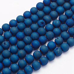 Electroplate Natural Druzy Agate Beads Strands, Dyed, Round, Frosted, Blue Plated, 10mm, Hole: 1mm, about 38pcs/strand, 15.7 inch(40cm)(G-G708-10mm-03)