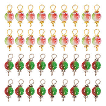 100Pcs 2 Colors Spray Painted Resin Connector Charms, with Iron Loops, Two Tone, Red & Green, Round, Platinum & Golden, 19.5x8.5mm, Hole: 2~3mm