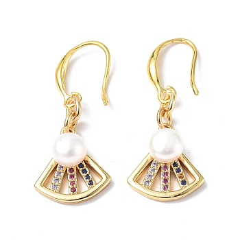 Colorful Cubic Zirconia Fan Dangle Earrings with Natural Pearl Beaded, Rack Plating Brass for Women, Golden, 30mm, Pin: 0.8mm