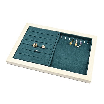 Rectangle Microfiber Cloth Rings & Necklaces Display Stands, Jewelry Organizer Holder with White Pine Wood Base, Teal, 24.3x34.8x2.45cm