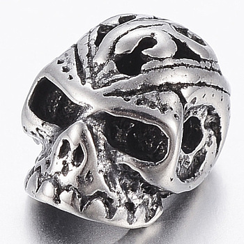 316 Surgical Stainless Steel Beads, Skull, Antique Silver, 10.5x7x7mm, Hole: 1.2mm