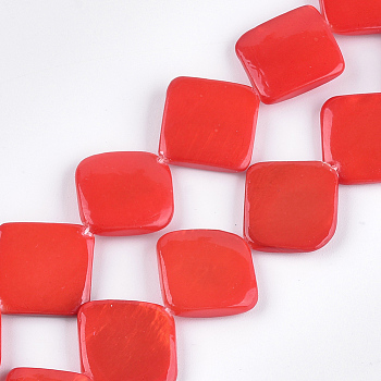 Spray Painted Freshwater Shell Beads, Rhombus, Orange Red, 12~13x12~13x2~4mm, Hole: 0.5mm, about 31pcs/strand, 15.1 inch