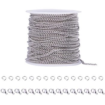 304 Stainless Steel Curb Chains Necklaces Making, with Jump Rings abd Lobster Claw Clasps, Stainless Steel Color, 2.7x2x0.5mm, about 10m/roll
