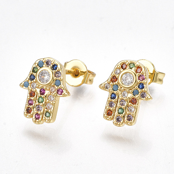 Brass Micro Pave Cubic Zirconia(Random Mixed Color) Ear Studs, with Ear Nuts, Hamsa Hand/Hand of Fatima/Hand of Miriam, Golden, 11x9mm, Pin: 0.7mm