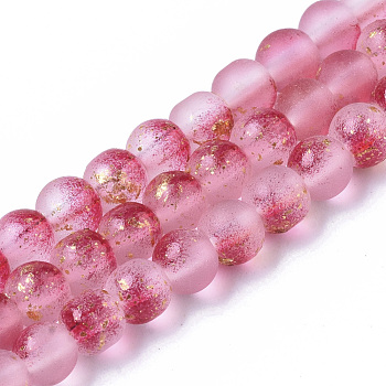 Frosted Spray Painted Glass Beads Strands, with Golden Foil, Round, Camellia, 4~5mm, Hole: 0.9~1.2mm, about 95~103pcs/Strand, 13.78 inch~14.88 inch(35~37.8cm)