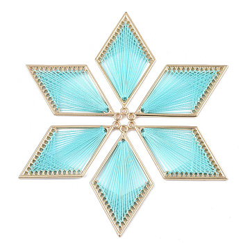 Alloy Big Pendants, with Polyester Thread, Rhombus, Golden, Dark Turquoise, 55.5x30x2mm, Hole: 2mm
