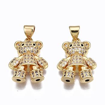 Brass Micro Pave Clear Cubic Zirconia Pendants, Inlay Bear Shape Charms, Cadmium Free & Nickel Free & Lead Free, Real 16K Gold Plated, 19x14.5x4.5mm, Hole: 4x3mm