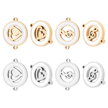 Unicraftale 8Pcs 2 Styles 304 Stainless Steel Links Connectors with White Enamel, Laser Cut, Flat Round with Musical Note & Heart, Golden & Stainless Steel Color, 14.5x18.5x2mm, Hole: 1.2mm, 4pcs/style