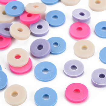 4 Colors Handmade Polymer Clay Beads, Heishi Beads, Disc/Flat Round, Medium Purple & Wheat & Cornflower Blue & Hot Pink, 8x0.5~1.5mm, Hole: 2mm, about 11500pcs/1000g
