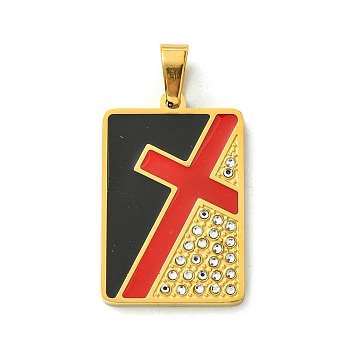 Ion Plating(IP) 304 Stainless Steel Pendants, with Enamel and Rhinestone, Real 18K Gold Plated, Rectangle with Cross Charm, Black, 30x19.5x2mm, Hole: 7x4mm