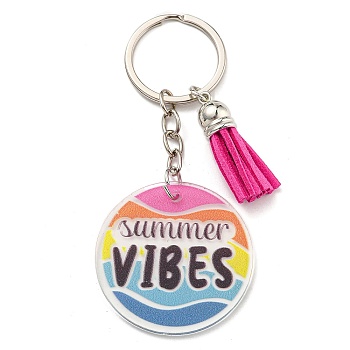 Acrylic Flat Round with Suede Tassel Pendant Keychain, with Iron Key Ring, Colorful, 100mm
