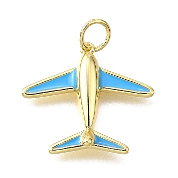 Brass Enamel Pendants, Airplane Charm, with Jump Ring, Lead Free & Cadmium Free, Rack Plating, Lasting Plated, Real 18K Gold Plated, 16x19x5mm, Hole: 2mm