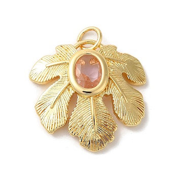 Leaf Rack Plating Brass Pendants, with Glass, Long-Lasting Plated, Lead Free & Cadmium Free, with Jump Ring, Golden, Pearl Pink, 22x22.5x3.5mm, Hole: 3mm