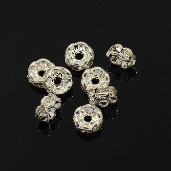 Brass Rhinestone Spacer Beads, Grade A, Crystal, Wavy Edge, Rondelle, Silver Color Plated, 5x2.5mm, Hole: 1mm
