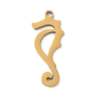 201 Stainless Steel Pendants, Sea Horse Charm, Laser Cut, Ion Plating(IP), Real 18K Gold Plated, 23x9x1mm, Hole: 1.5mm